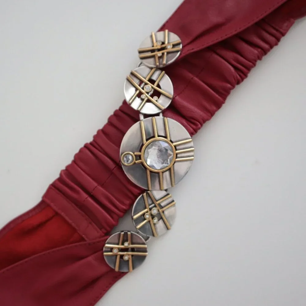 Vintage 80s Leather Belt with Embellished Metal Buckle | M/L